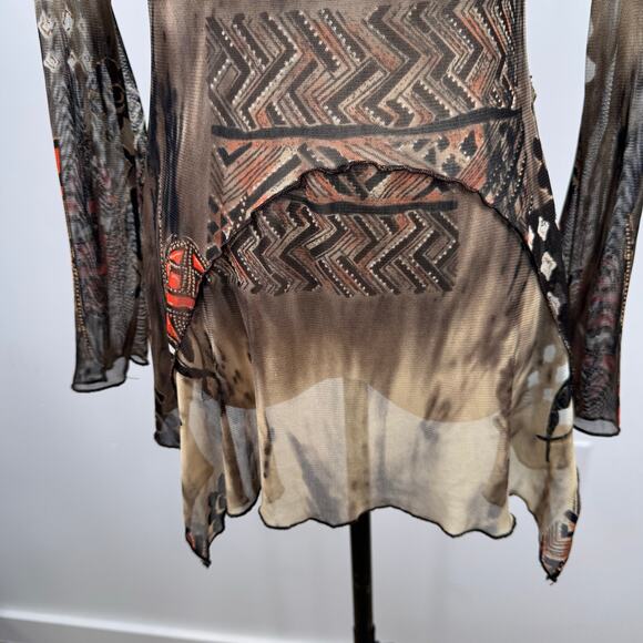 Cache Cache Sheer Mesh Top Brown Abstract Print Asymmetrical Y2K Vintage Size XS - Picture 7 of 10